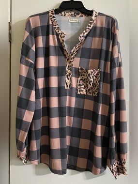 Southern stitch Plaid Henley Top with Leopard Trim - Blush & Charcoal